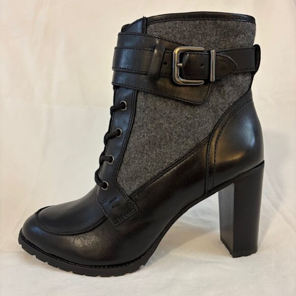 NWOB Antonio Melani Black/Gray Leather & Fabric High Heel Lug Sole Ankle Bootie - Picture 2 of 12